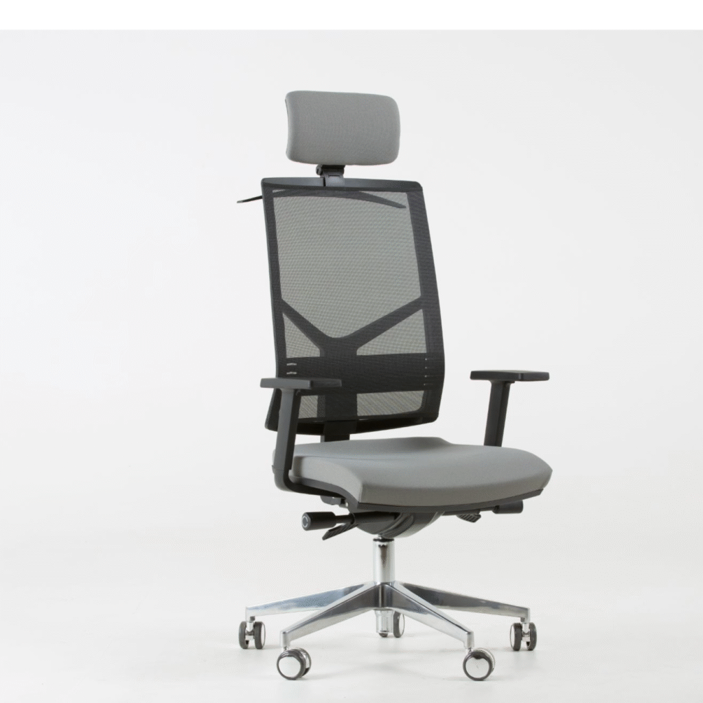 a grey office chair with a headrest
