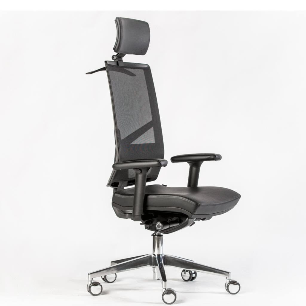 a black office chair with a mesh back